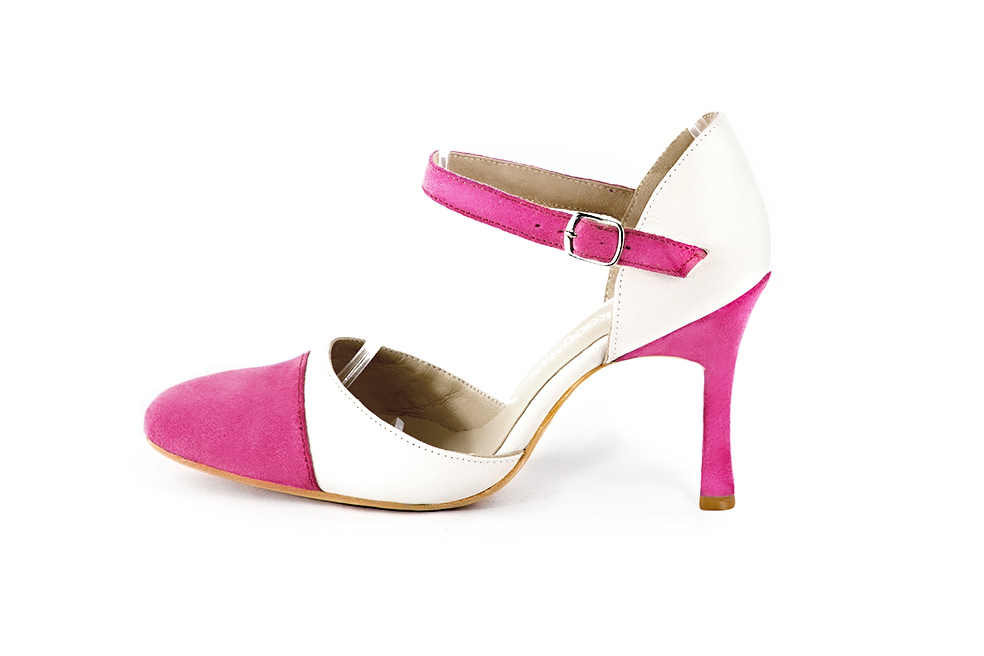 French elegance and refinement for these fuschia pink and off white dress open side shoes, with an instep strap, 
                available in many subtle leather and colour combinations. Its high vamp and fitted strap will give you good support.
To personalize or not, according to your inspiration and your needs.  
                Matching clutches for parties, ceremonies and weddings.   
                You can customize these shoes to perfectly match your tastes or needs, and have a unique model.  
                Choice of leathers, colours, knots and heels. 
                Wide range of materials and shades carefully chosen.  
                Rich collection of flat, low, mid and high heels.  
                Small and large shoe sizes - Florence KOOIJMAN